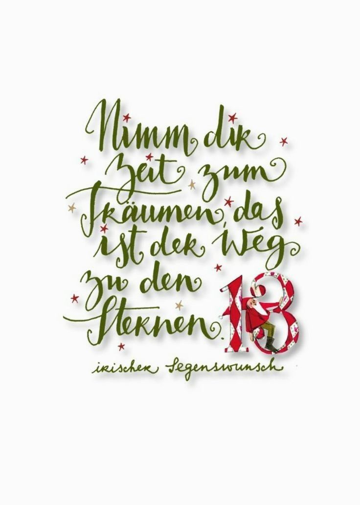 Ein Bild zeigt eine weihnachtlich gestaltete Botschaft mit dekorativen Elementen. Der Text lautet 'Nunmm dik seit zum Frauen, das ist dek Weg zu den Sternen' mit roten Sternen darum herum. Die Zahl '18' ist prominent in Rot und Weiß dargestellt.