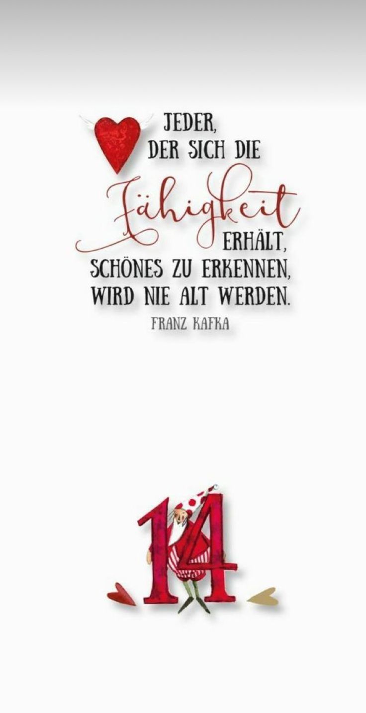 Ein Poster mit einem Zitat von Franz Kafka in rotem und schwarzem Schriftzug. Das Zitat lautet 'Jugend behält, das Schöne zu erkennen, wird nie alt werden.' Unter dem Zitat steht eine rote Zahl 14.