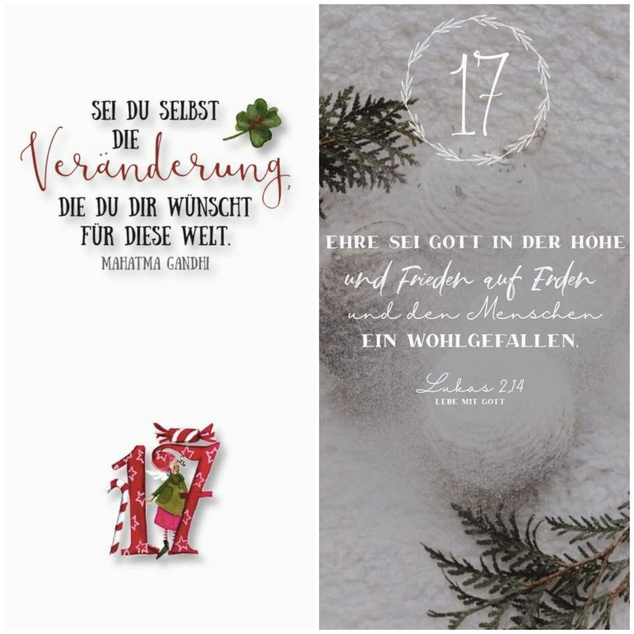 Ein inspirierendes Zitat von Mahatma Gandhi, 'Sei die Veränderung, die du dir für diese Welt wünschst.' Die Zahl 17 ist mit einem roten und weißen Design hervorgehoben.