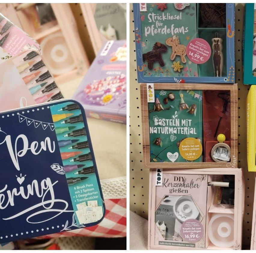 Zwei Bilder zeigen verschiedene Bastelsets. Das linke Bild zeigt eine blaue Box mit dem Wort 'Pen' in weiß. Das rechte Bild zeigt drei verschiedene Boxen: eine mit einem Pferd, eine andere mit einem Buch und eine dritte mit einem DIY-Stiftset.