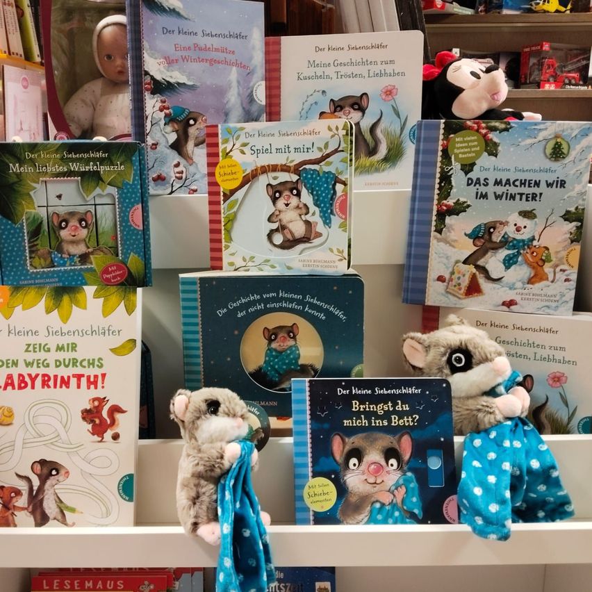 Ein Bücherregal gefüllt mit Kinderbüchern und Plüschtieren. Eine Sammlung von Büchern mit dem Titel 'Der kleine Schläfer' und anderen. Plüschtiere und eine Puppe sind ebenfalls ausgestellt.