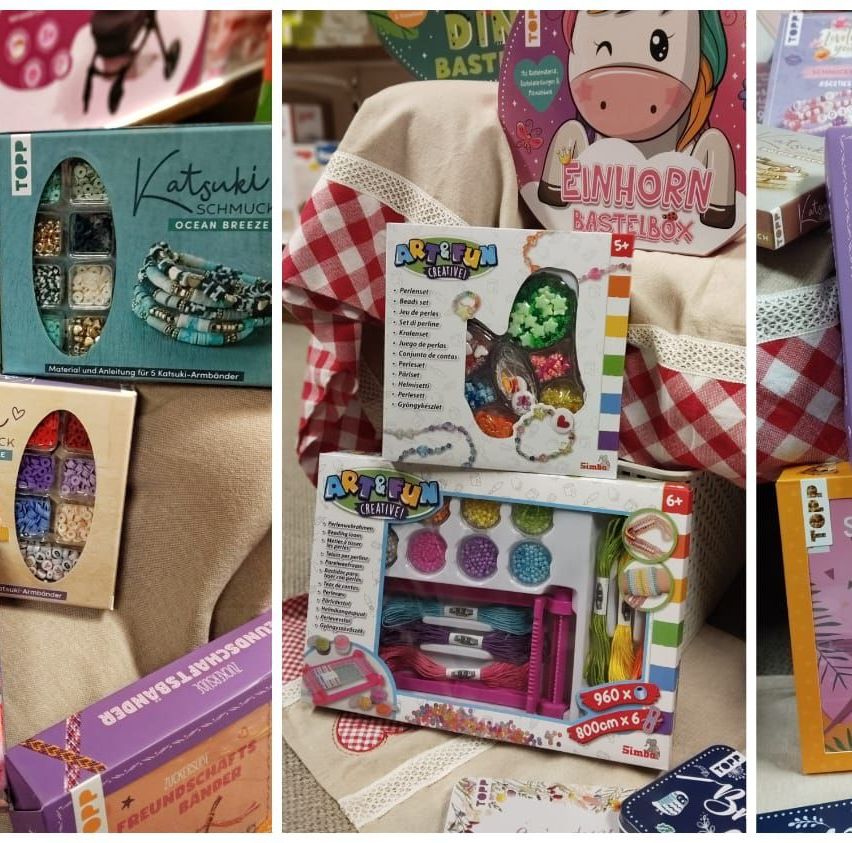 Eine Collage von Bastelsets. Links zeigt 'Katsuki Schmuck Ocean Breeze' mit verschiedenen Perlen. Mitte zeigt 'Art&Fun Kreatives' mit einem Einhornbuch. Rechts zeigt eine farbenfrohe Box mit der Aufschrift 'Topp Einhorn Bastelbox'. Unten links ist eine Box mit Freundschaftsbändern. Unten rechts ist ein Korb mit verschiedenen Bastelartikeln.
