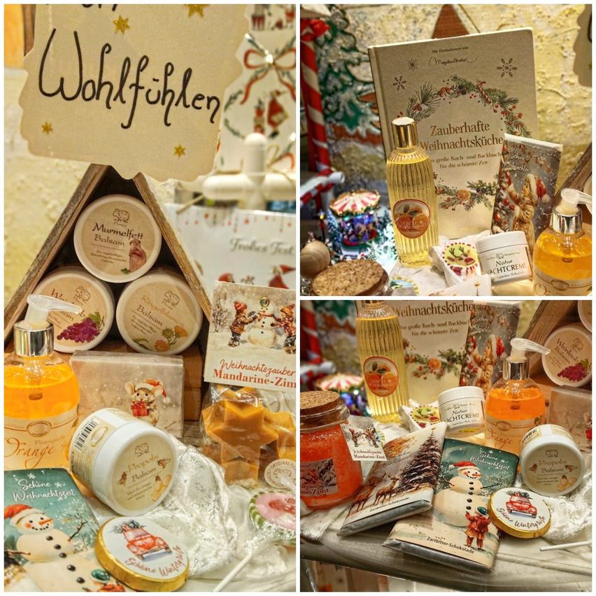 Eine Collage aus weihnachtlich dekorierten Produkten, darunter eine Parfümflasche, ein Glas und ein Buch. Das Bild ist in vier Abschnitte unterteilt, die jeweils verschiedene Artikel zeigen.