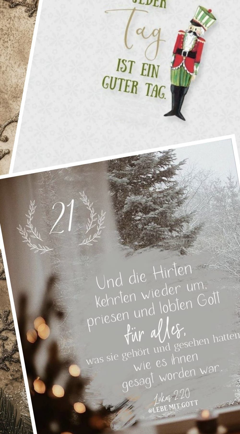 Ein Geburtstagskarte mit der Nummer 21, mit einer verschneiten Landschaft, einer Tanne und einem Zitat 'Und die Hirsche kehren wieder um, preisen und loben Gott für alles.' in weißer Schrift.