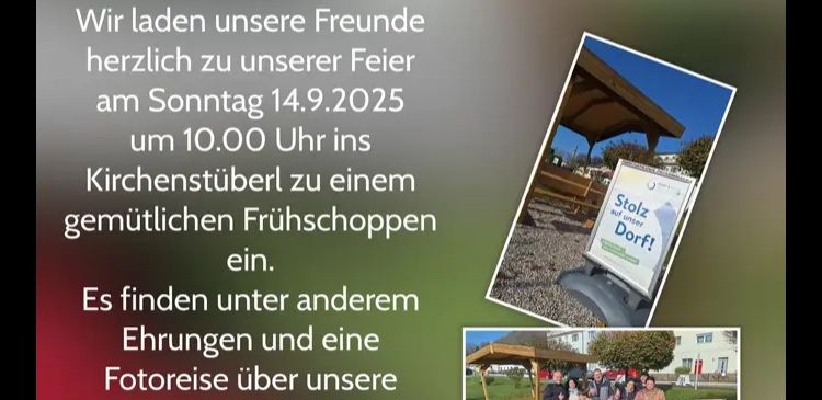 Eine Anzeige für das 25-jährige Jubiläum des Dorferneuerungsvereins Schloglmühl. Es lädt Freunde zu einer Feier am Sonntag, den 14. September 2025, um 10:00 Uhr ein. Die Veranstaltung beinhaltet ein herzliches Frühstück, eine Fotoreise durch ihre Projekte und weitere Aktivitäten.