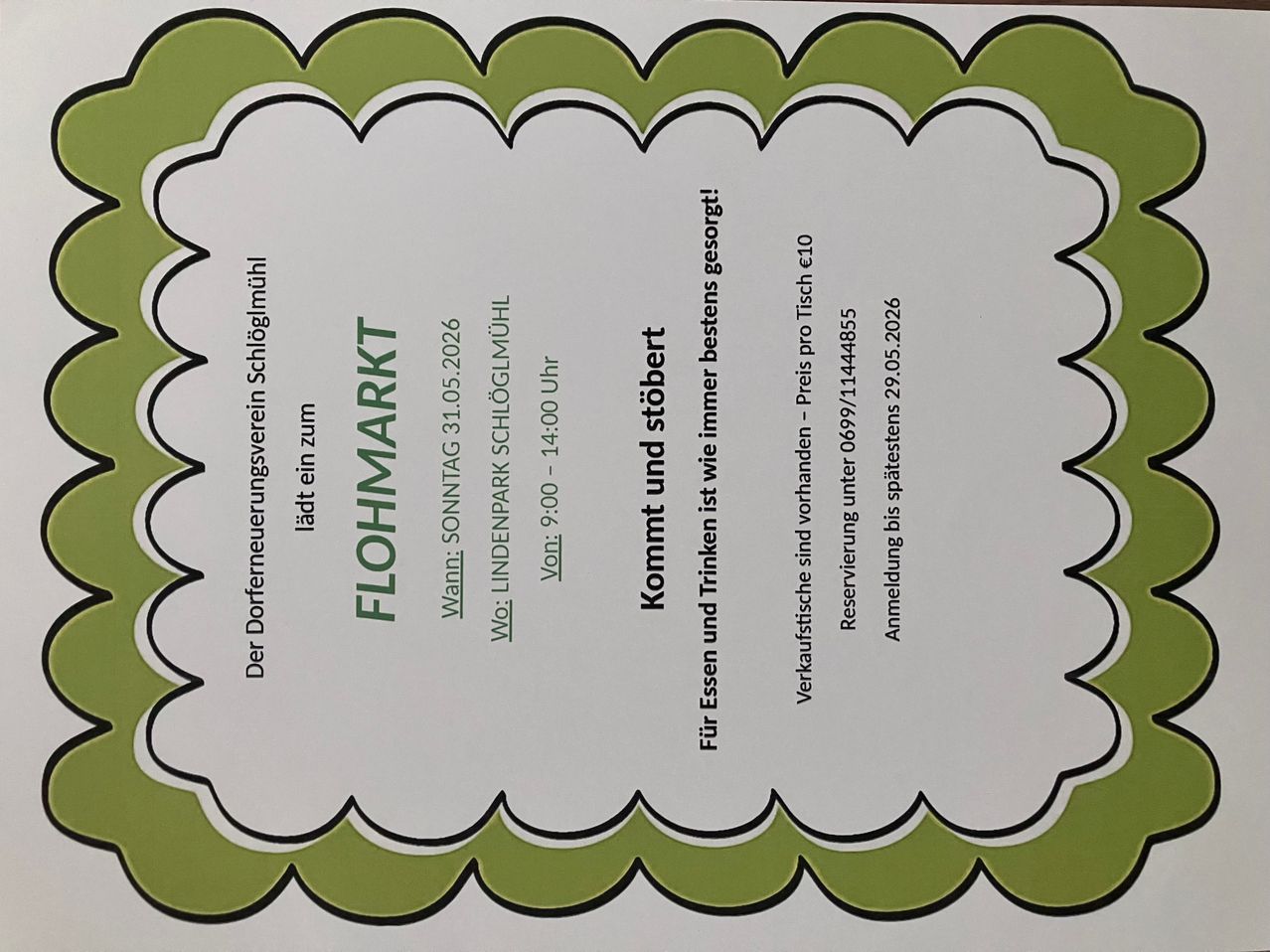 The Flohmarkt event in Lindenpark is scheduled for May 31, 2026, from 9:00 AM until 2:00 PM. The best price for eating and drinking is always guaranteed. The reservation must be made before May 29, 2026. The price is 10 euros per person.
