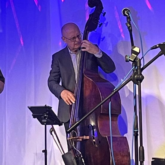 Ein älterer Mann mit Brille und Anzug spielt einen Kontrabass auf einer Bühne mit lila Beleuchtung.