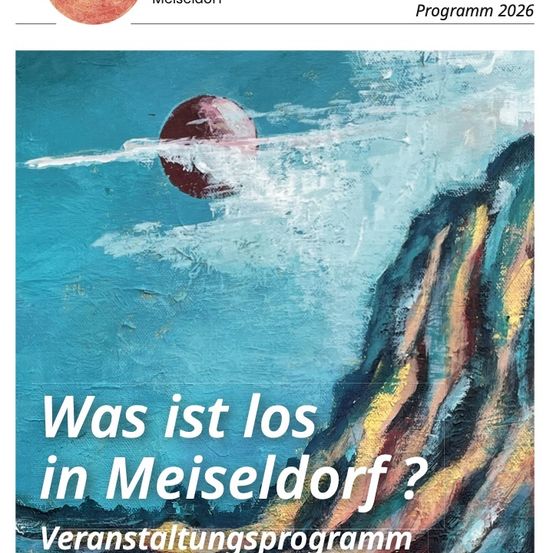 Ein abstraktes Gemälde mit blauen, gelben und orangefarbenen Farben zeigt einen roten Ball im Wasser. Der Text 'Was ist los in Meiseldorf?' und 'Veranstaltungsprogramm' steht in weiß. Das Bild trägt den Titel 'Programm 2026'.