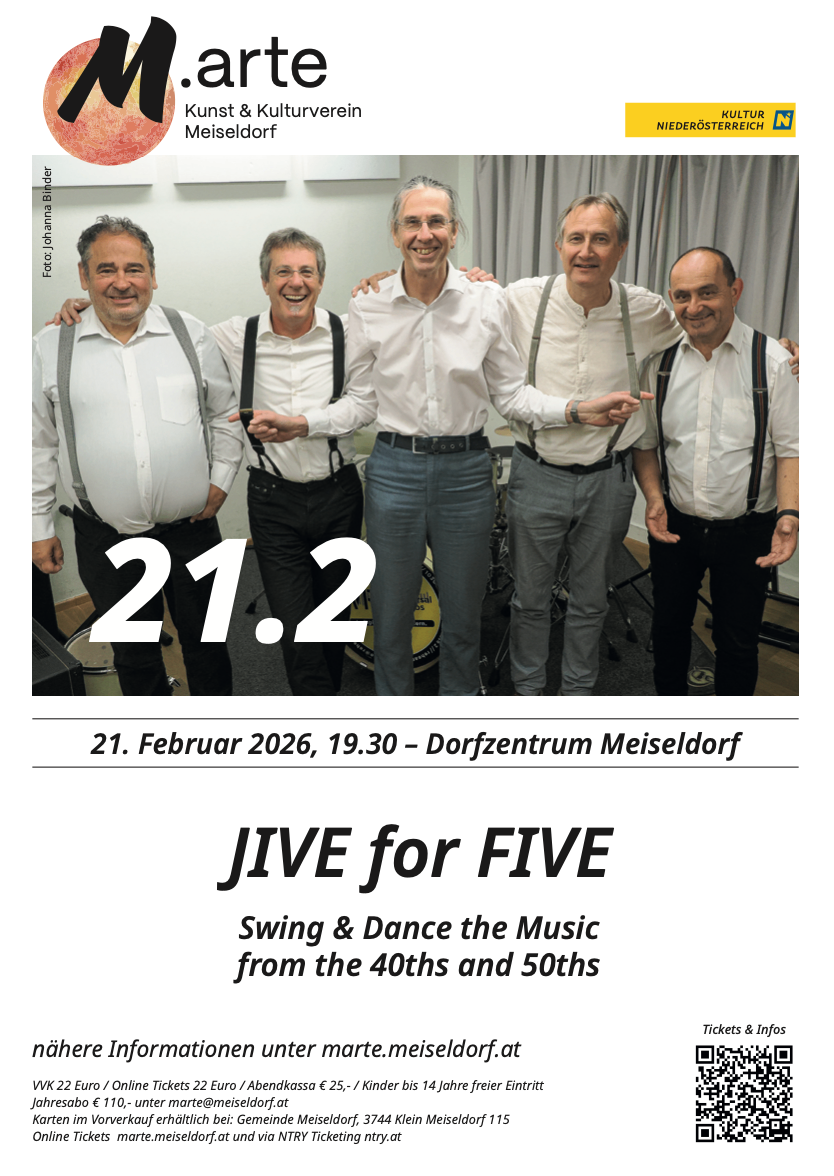 Fünf Männer posieren in weißen Hemden und Hosenträger. Datum: 21.02.2026, 19:30. Ort: Dorfzentrum Meiseldorf. Veranstaltung: JIVE for FIVE. Swingen und tanzen zur Musik der 40er und 50er Jahre.