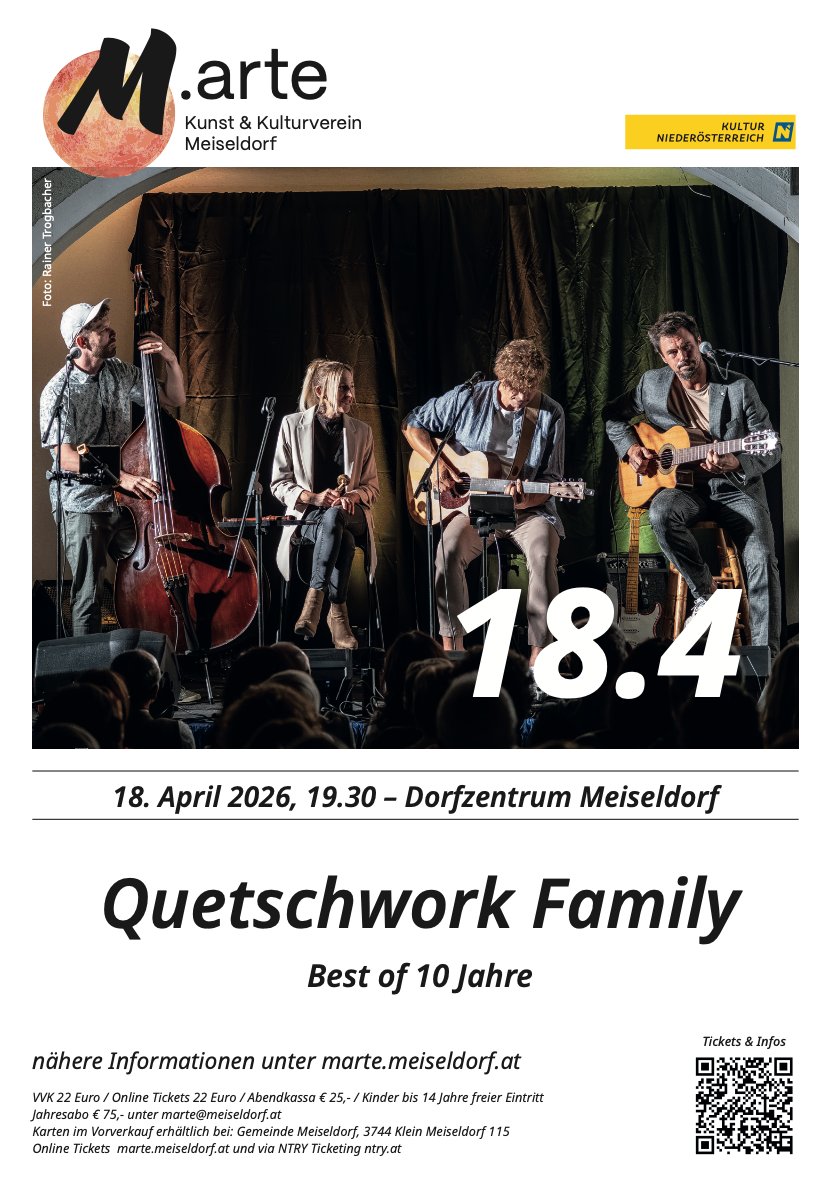 Eine Musikgruppe auf der Bühne, mit Instrumenten und lächelnden Gesichtern, am 18. April 2026 im Dorfzentrum Meisendorf.