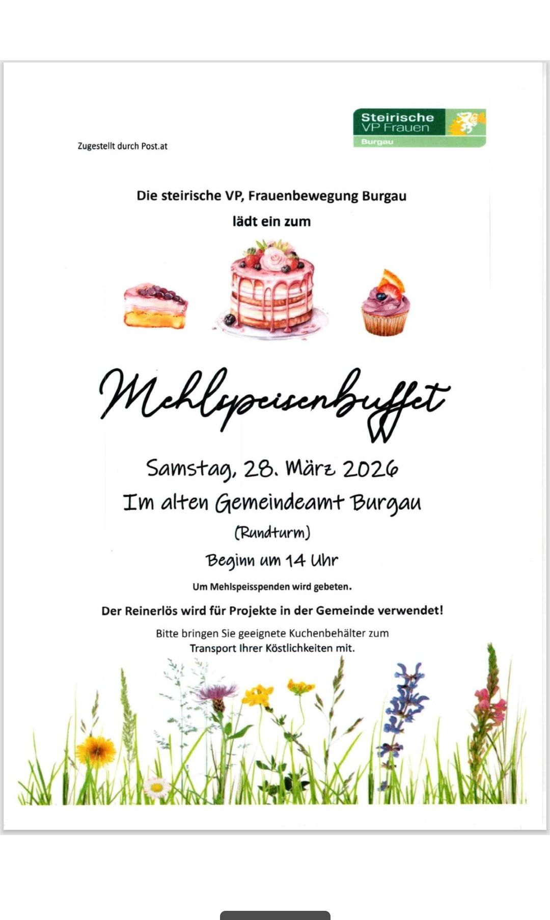 Einladungsposter für ein Mehlspeisenbuffet, bei dem die Teilnehmer aufgefordert werden, ihre eigenen Behälter für ein Mahl mitzubringen. Die Veranstaltung findet am 28. März 2026 um 14 Uhr im alten Gemeindeamt Burgau statt.