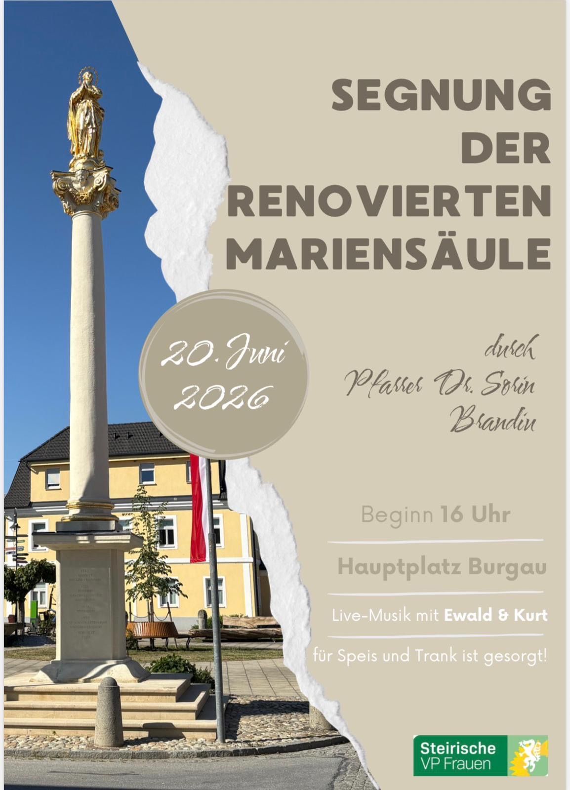 An event for the renovated Marian column on June 20, 2026. It starts at 4 PM at Burgau main square. Ewald and Kurt provide live music. Food and drinks are available.