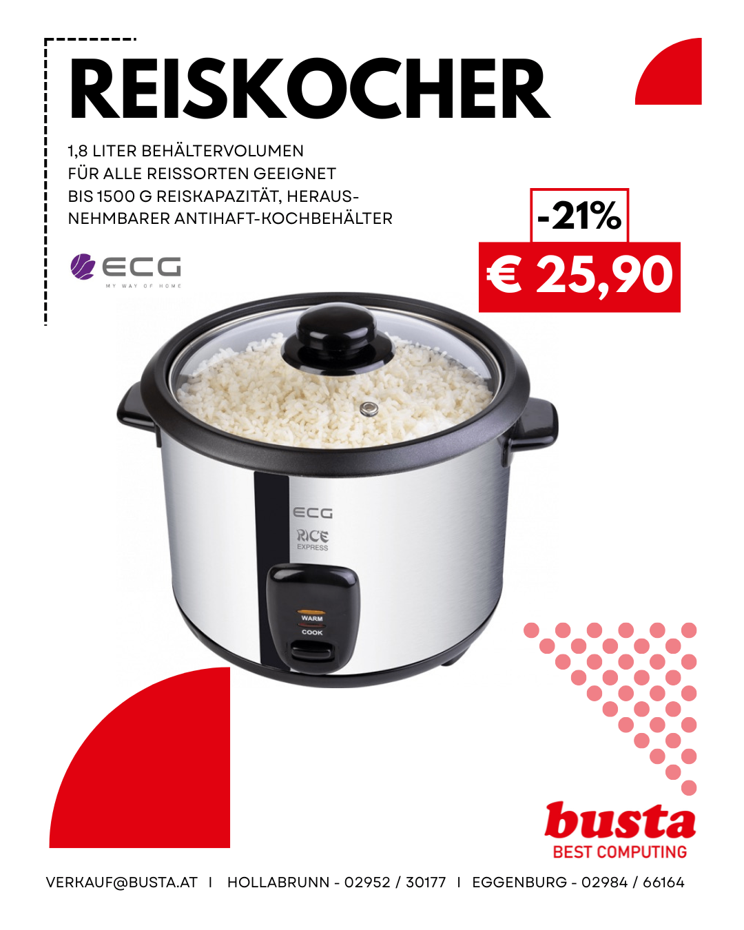 Werbung für einen ECG Reiskocher mit 1,8-Liter-Kapazität. Es zeigt einen Reisteller, mit einem Preis von 25,90 € und einem Rabatt von 21%.