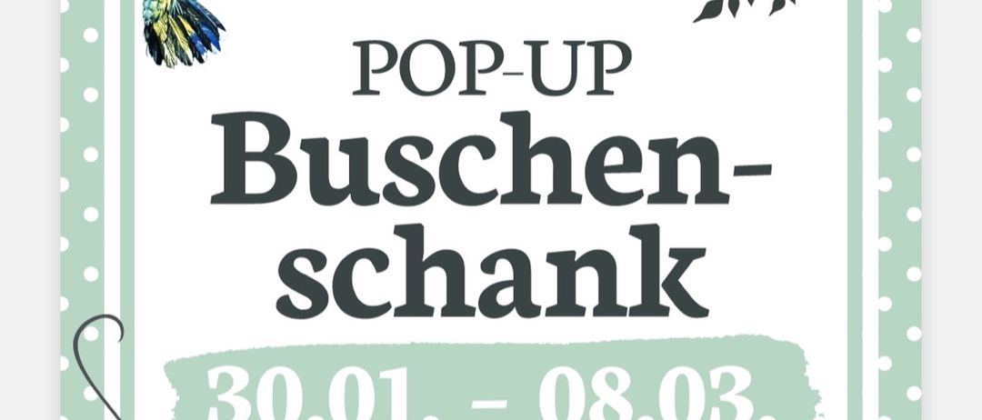 Werbeposter für einen Pop-up-Blumenladen. Zeigt einen Kolibri, Blumenmuster und Text auf Deutsch. Termine sind vom 30.01. bis 08.03. von Freitag bis Sonntag, ab 16:00 Uhr. Adresse ist Dorfstrasse 17, 8263 Grosswilfersdof.