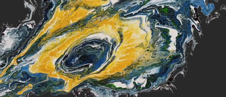 Ein abstraktes Gemälde mit einer Mischung aus gelben, blauen und grünen Farben, die sich auf einem dunklen Hintergrund vermischen.