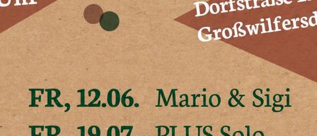 Plakat für Partyles 2026 Veranstaltung. Zeit 17:00. Adresse Dorfstrasse 17, GroBwilfersd. Veranstaltungen: Mario & Sigi am 12. Juni, PLUS Solo am 19. Juli, Los Sharkos am 14. August.