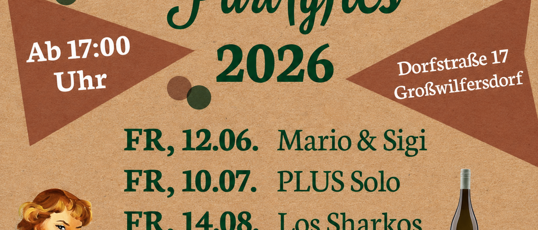 Plakat für Stehachterl Partys 2026 mit Terminen und Uhrzeiten. Eine Frau in einem gelben Kleid und eine Flasche Wein auf einem Fass.