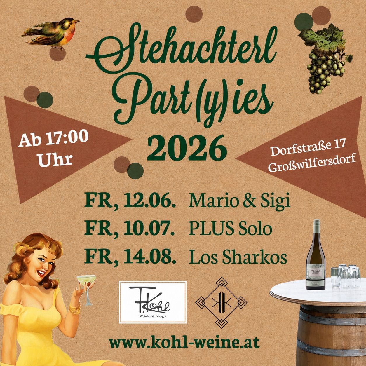 Poster for Stehachterl Party (y)ies 2026. Features a woman in a yellow dress holding a cocktail, a bird, grapes, and a wine bottle. Event details include dates and names of performers.