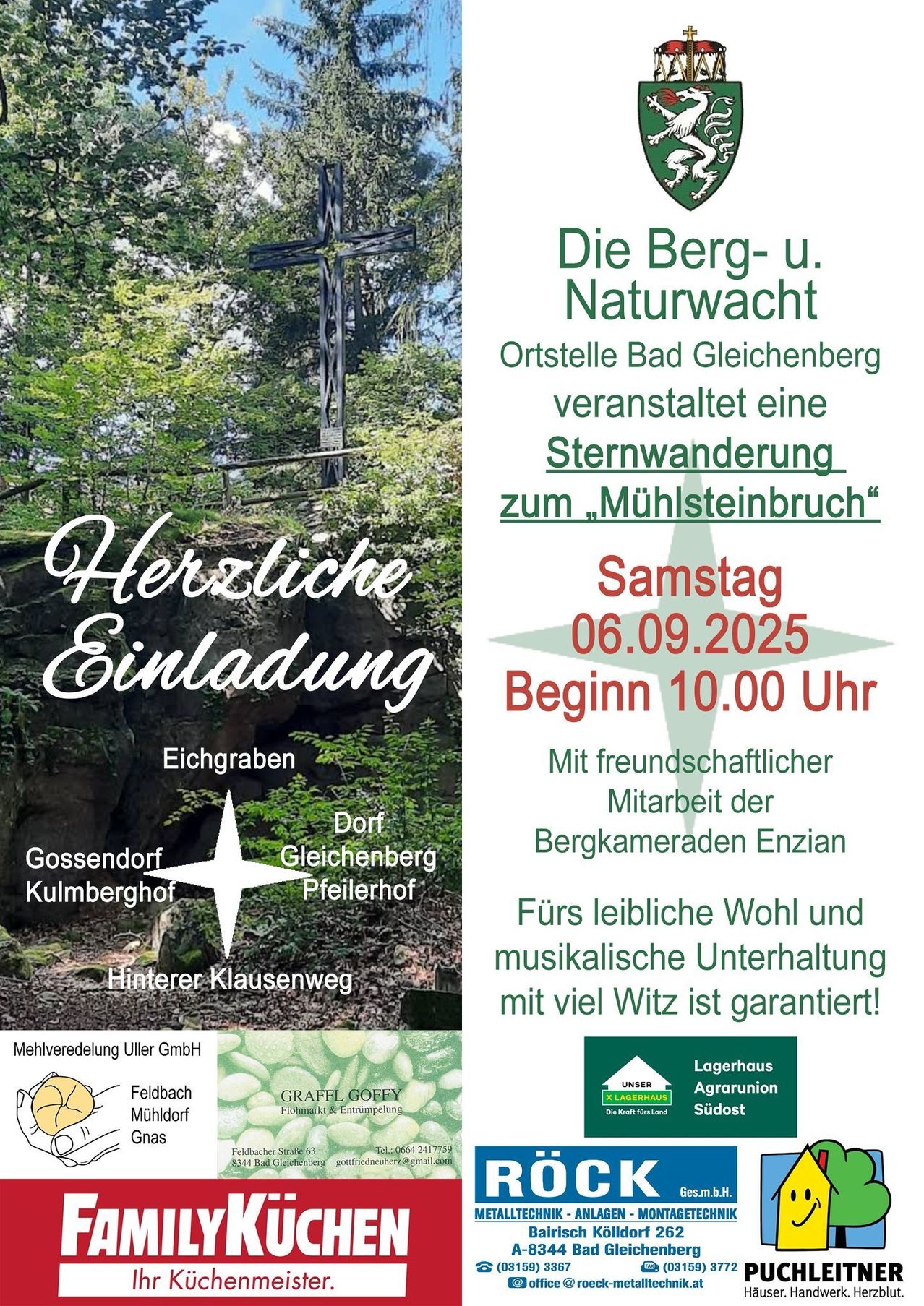 Plakat für eine geführte Sternwanderung zum Mühlsteinbruch, Beginn am 06.09.2025 um 10 Uhr. Die Veranstaltung wird von Berg- u. Naturwacht in Bad Gleichenberg organisiert.