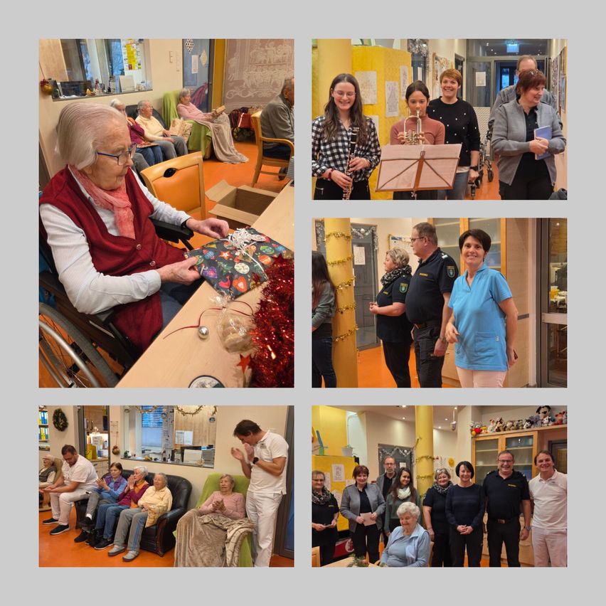 Eine Collage von Fotos aus einem Pflegeheim-Event. Es enthält eine ältere Frau, die ein Geschenk verpackt, eine Frau, die eine Flöte spielt, eine Gruppe von Menschen, die stehen, und eine Gruppe von Menschen, die auf einem Sofa sitzen.