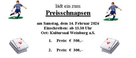 1. FC Sabtal lädt zu einem Preisraffle am Samstag, 14. Februar 2026, ab 13:30 Uhr im Kultursaal Weinburg ein. Preise umfassen €500, €300 und €100. Tickets kosten €6, max 5. Heinz Rappold verkauft Tickets.