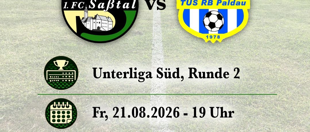 Soccer match poster featuring 1.FC Sabtal vs. TUS RB Paldau, Unterliga Sud, Round 2, on August 21, 2026, at 19:00, at Sabtalstadion Mettersdorf, with matchball sponsored by JPP Immobilien Jan Petersen.