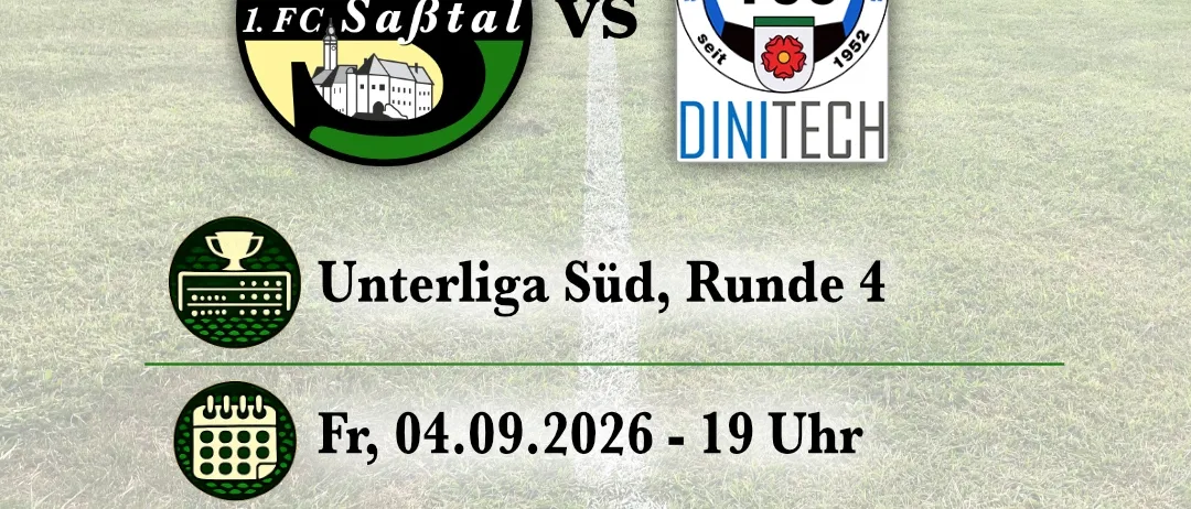 Plakat für ein Fußballspiel der Unterliga Süd, Runde 4, mit 1.FC Säbtal gegen st. Stefan im Rosental. Geplant für den 4. September 2026 um 19:00 im Säbtalstadion Mettersdorf. Franz Boden ist der Spielball.