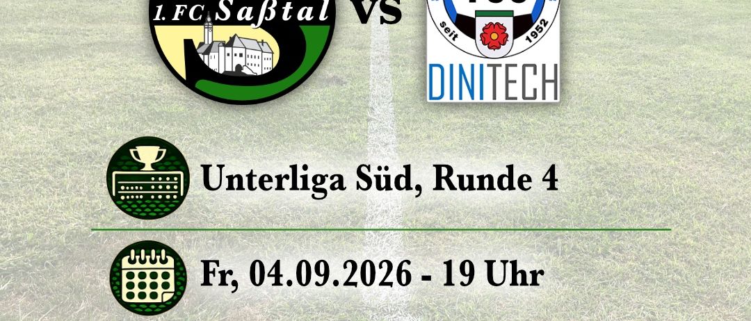 Plakat für ein Fußballspiel der Unterliga Süd, Runde 4, mit 1.FC Säbtal gegen st. Stefan im Rosental. Geplant für den 4. September 2026 um 19:00 im Säbtalstadion Mettersdorf. Franz Boden ist der Spielball.