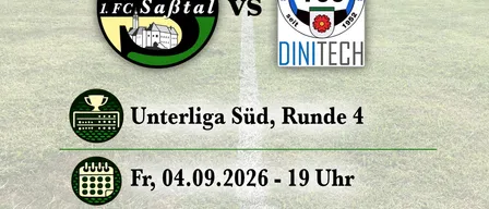 Plakat für ein Fußballspiel der Unterliga Süd, Runde 4, mit 1.FC Säbtal gegen st. Stefan im Rosental. Geplant für den 4. September 2026 um 19:00 im Säbtalstadion Mettersdorf. Franz Boden ist der Spielball.