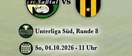 Eine Werbung für ein Fußballspiel zwischen 1. FC Sabtal und USC Eichkogl. Das Spiel ist Teil der Unterliga Süd, Runde 8, geplant für den 4. Oktober 2026, um 11 Uhr in Sportplatz Weinburg.