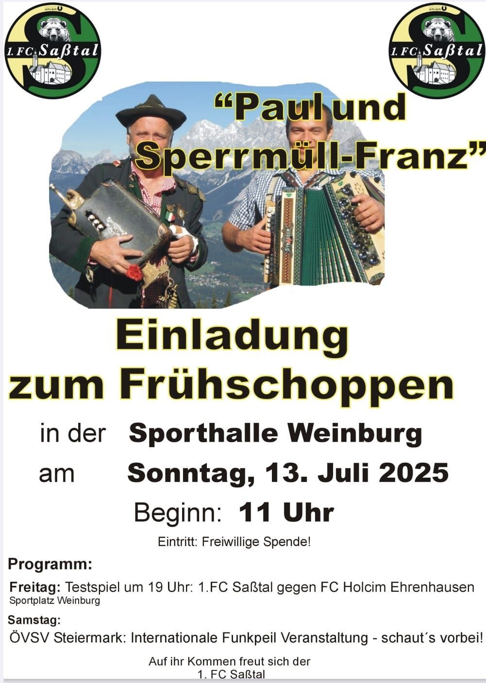Plakat für eine Veranstaltung mit dem Titel 'Paul und Sperrmull-Franz', auf dem zwei Männer in einer Berglandschaft spielen. Die Veranstaltung ist eine Einladung zum Frühschoppen in der Sporthalle Weinburg am Sonntag, 13. Juli 2025, Beginn 11 Uhr. Der Eintritt ist freiwillig.