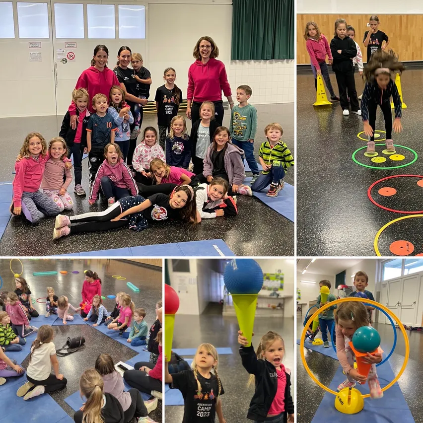 Ein Collage von kleinen Kindern, die an verschiedenen Aktivitäten in einer Turnhalle teilnehmen. Ein Bild zeigt eine Gruppe von Kindern, die für ein Foto posieren, ein anderes zeigt Kinder, die mit Hula-Hoops spielen, und das letzte zeigt Kinder, die mit einem Ball spielen.