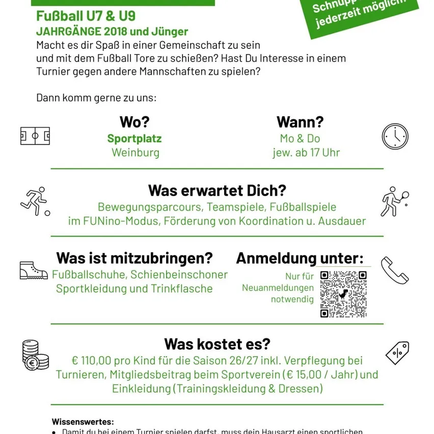 Eine Anzeige für ein Fußballturnier für U7- und U9-Jahrgänge im Jahr 2018. Es enthält Details zu Ort, Datum, Uhrzeit und was mitzubringen ist.