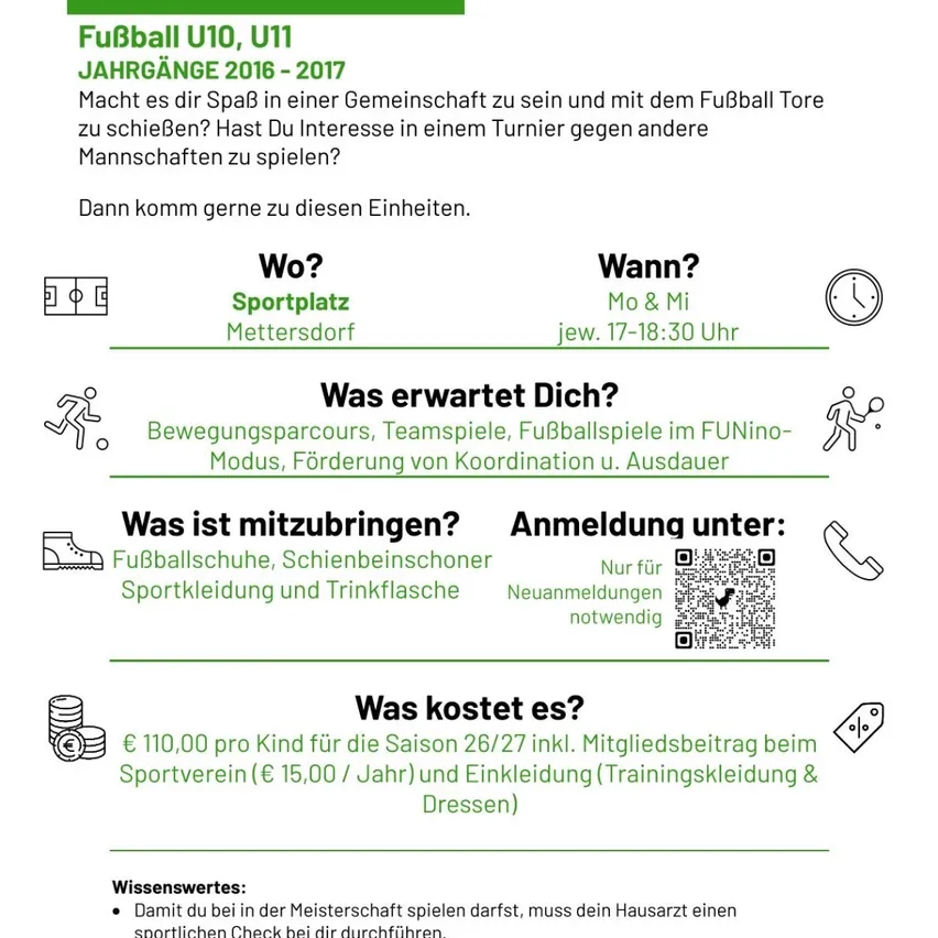 Fußball U10, U11 Jahrgänge 2016-2017. Spiele mit Freunden, Teamspiele, Koordinationsübungen. Anmeldung erforderlich. Kosten: 110€ pro Kind.