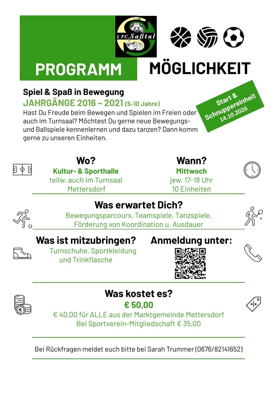 Plakat für ein Sport- und Spielprogramm für Kinder im Alter von 5-10 Jahren von 2016-2021. Es enthält Details zu Aktivitäten, Kosten und Anmeldung.