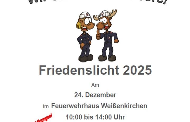 Feuerwehrjugend öffnet ihre Türen mit Cartoon-Charakteren. Veranstaltung am 24. Dezember von 10:00 bis 14:00 im Feuerwehrhaus. Glühwein, Kinderpunsch und warmes Essen werden angeboten.