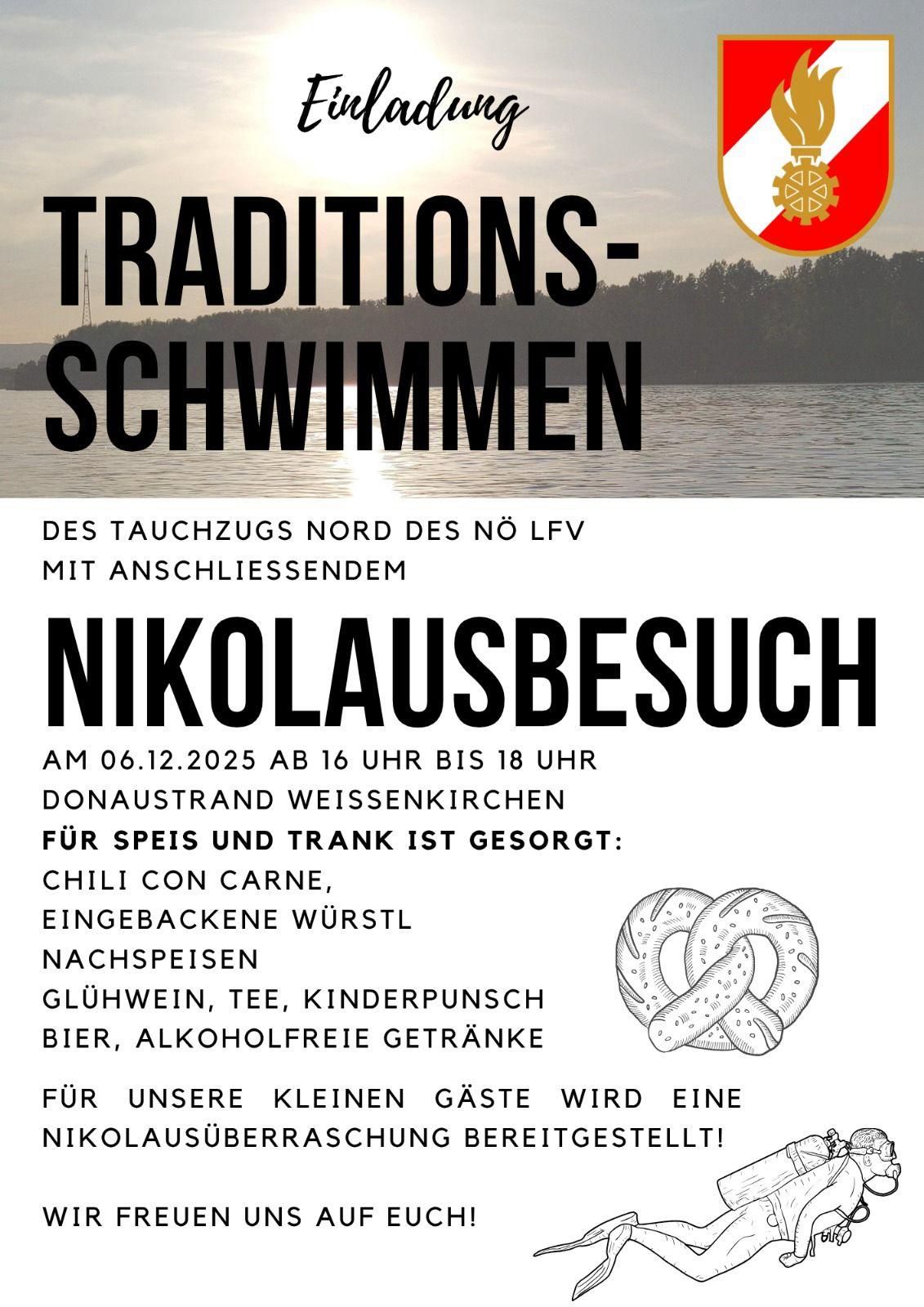 Ein Flyer bewirbt ein 'Nikolausbesuch'-Event am Donaustrand Weissenkirchen am 6. Dezember 2025. Das Event beinhaltet ein traditionelles Schwimmen und bietet Chili con Carne, Würste, Glühwein, Tee, Kinderpunsch, Bier und alkoholfreie Getränke. Es gibt Aktivitäten für Kinder.