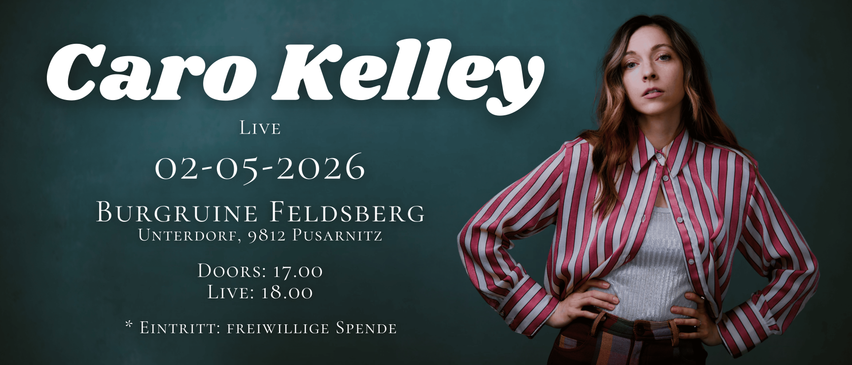 Ein Poster für ein Live-Event mit Jo Kelley am 05.2026 im Vine Feldsberg in Pusaritz. Einlass um 17:00, Beginn um 18:00. Freiwillige Spende erwünscht.