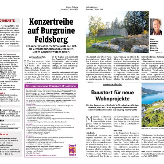 Eine Zeitungsseite enthält Artikel über 'Konzertvereine auf Burgruine Feldsberg', 'Baustart für neue Wohnprojekte' und 'eine Veranstaltung'. Es gibt Bilder von einer Frau, Ruinen und einem Gebäude. Außerdem sind Termine und Kontaktinformationen aufgeführt.