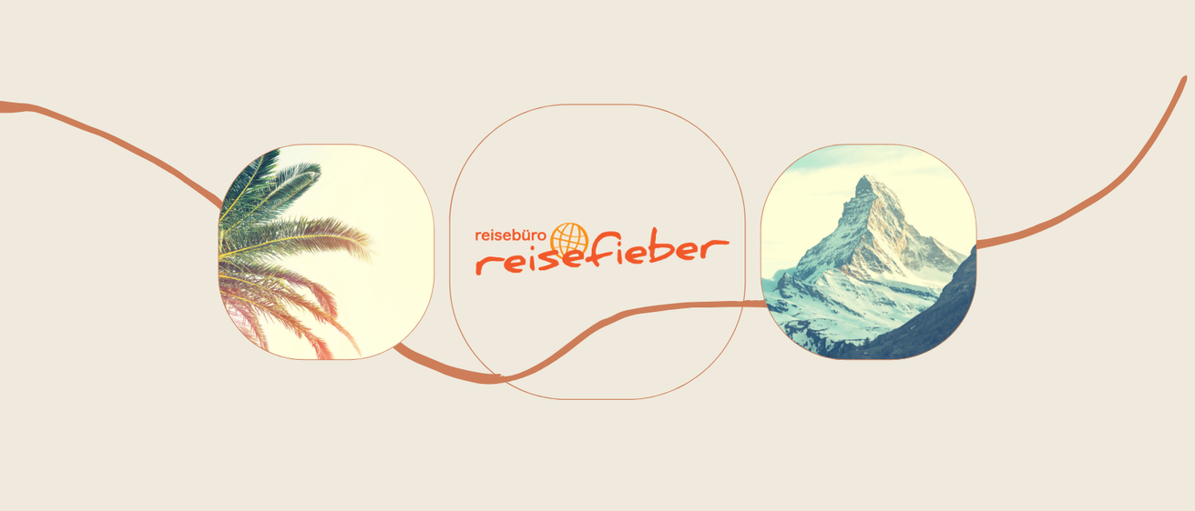 Ein Reisebüro-Logo namens Reisefieber ist zwischen zwei Bildern zu sehen: einer Palme und einem Berg.