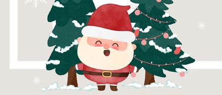 Ein Bild zeigt den Weihnachtsmann zwischen zwei geschmückten Weihnachtsbäumen mit Schneeflocken herum. Es steht 'Adventskalender' und 'Gasthof Buchgraber'. Unten gibt es eine Nachricht über Kunstwerke, lokale Leckereien und einen Besuch von Sankt Nikolaus. Eine URL für Glühwein und Punsch wird ebenfalls erwähnt.