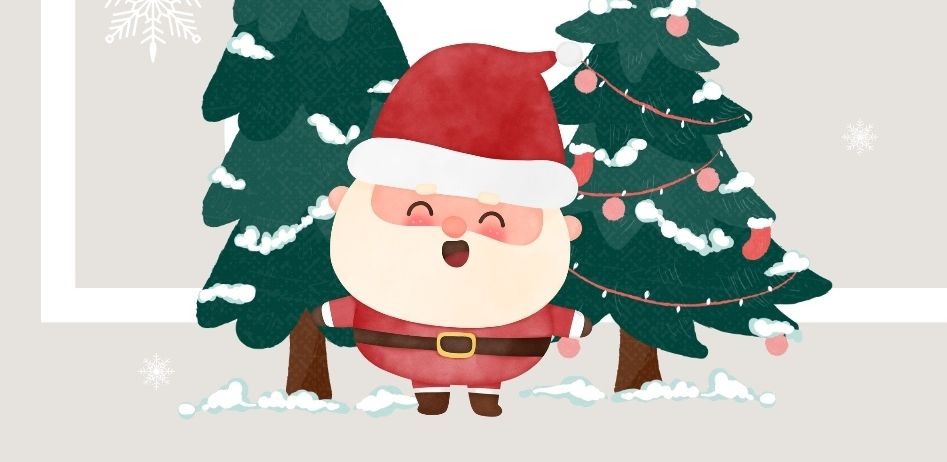 Ein Bild zeigt den Weihnachtsmann zwischen zwei geschmückten Weihnachtsbäumen mit Schneeflocken herum. Es steht 'Adventskalender' und 'Gasthof Buchgraber'. Unten gibt es eine Nachricht über Kunstwerke, lokale Leckereien und einen Besuch von Sankt Nikolaus. Eine URL für Glühwein und Punsch wird ebenfalls erwähnt.