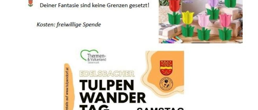 Gasthof Buchgraber lädt alle Kinder zum Basteln ein. Gestalte deine eigene Holztulp! Ob du die Tulpen mit Farbstiften, Acrylfarben oder Aufklebern verzierst, liegt an dir! Deiner Fantasie sind keine Grenzen gesetzt! Kosten: freiwillige Spende.