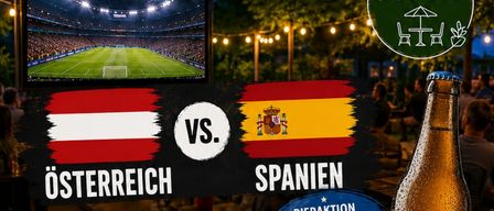 Plakat für Buchgraber Edelsbach. Österreich vs. Spanien. Donnerstag, 2. Juli. 21 Uhr. Rot Weiss Rote Burger. Puntigamer Bier für 3 Euro.
