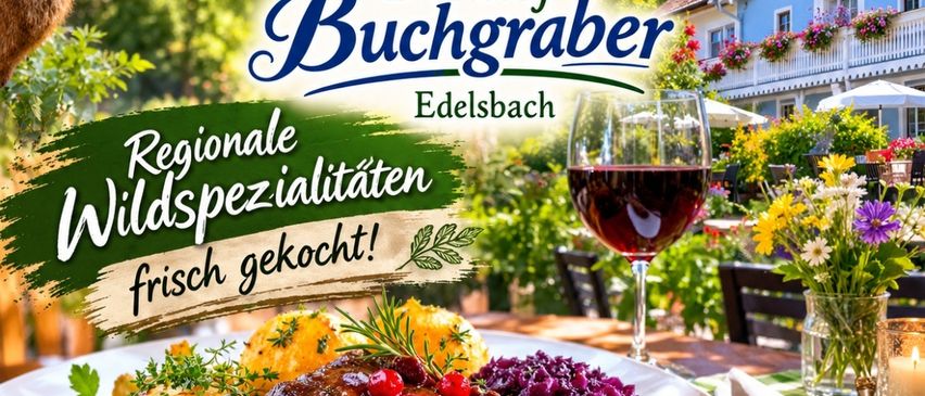 Ein Screenshot einer Restaurant-Werbung mit einem Hirsch, einem Holzschild und einem Teller mit Essen und einem Weinglas.