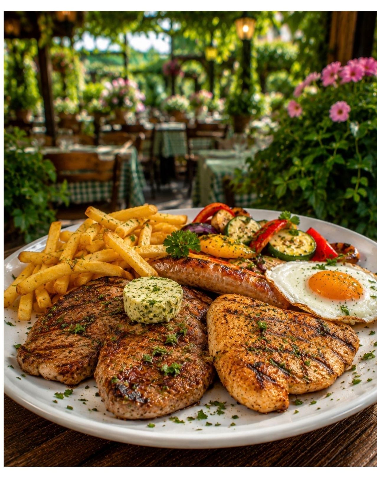 Ein Teller mit gegrilltem Fleisch, Gemüse und Pommes Frites mit einem Spiegelei, in einem Gartenrestaurant serviert.