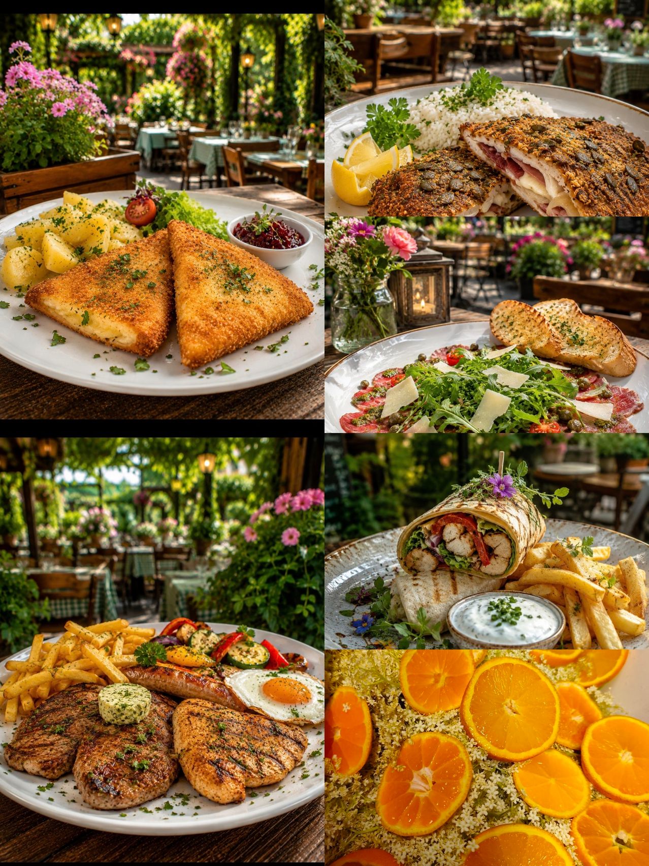 Eine Collage verschiedener Gerichte aus einem Restaurant, einschließlich eines Tellers mit panierten Fischen, einem Salat mit Käse, einem Wrap mit Gemüse und einem Teller mit Orangen.