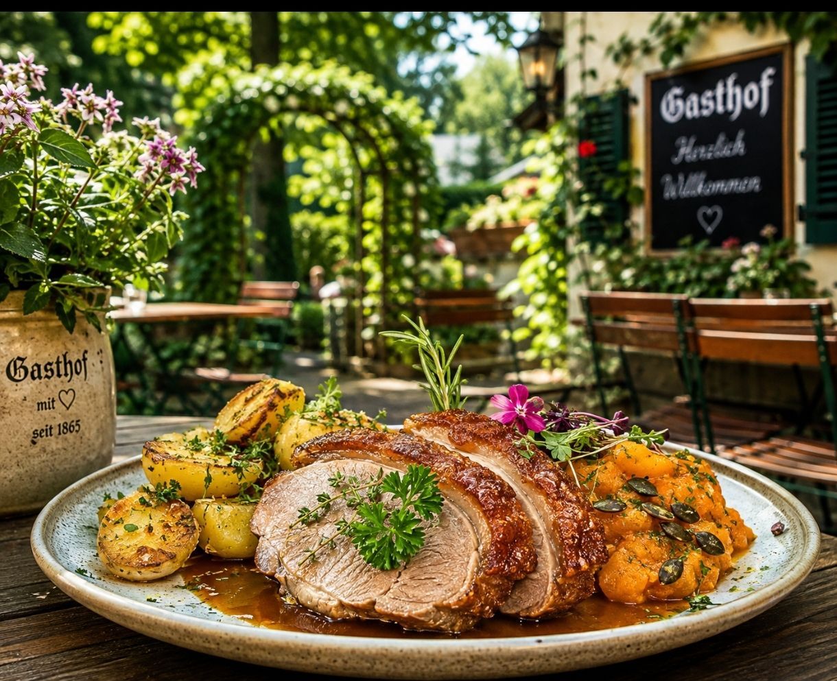 A plate of roasted pork with potatoes and pumpkin, garnished with herbs, served in a garden setting with a chalkboard sign reading 'Gasthaus Herzlich Willkommen'.