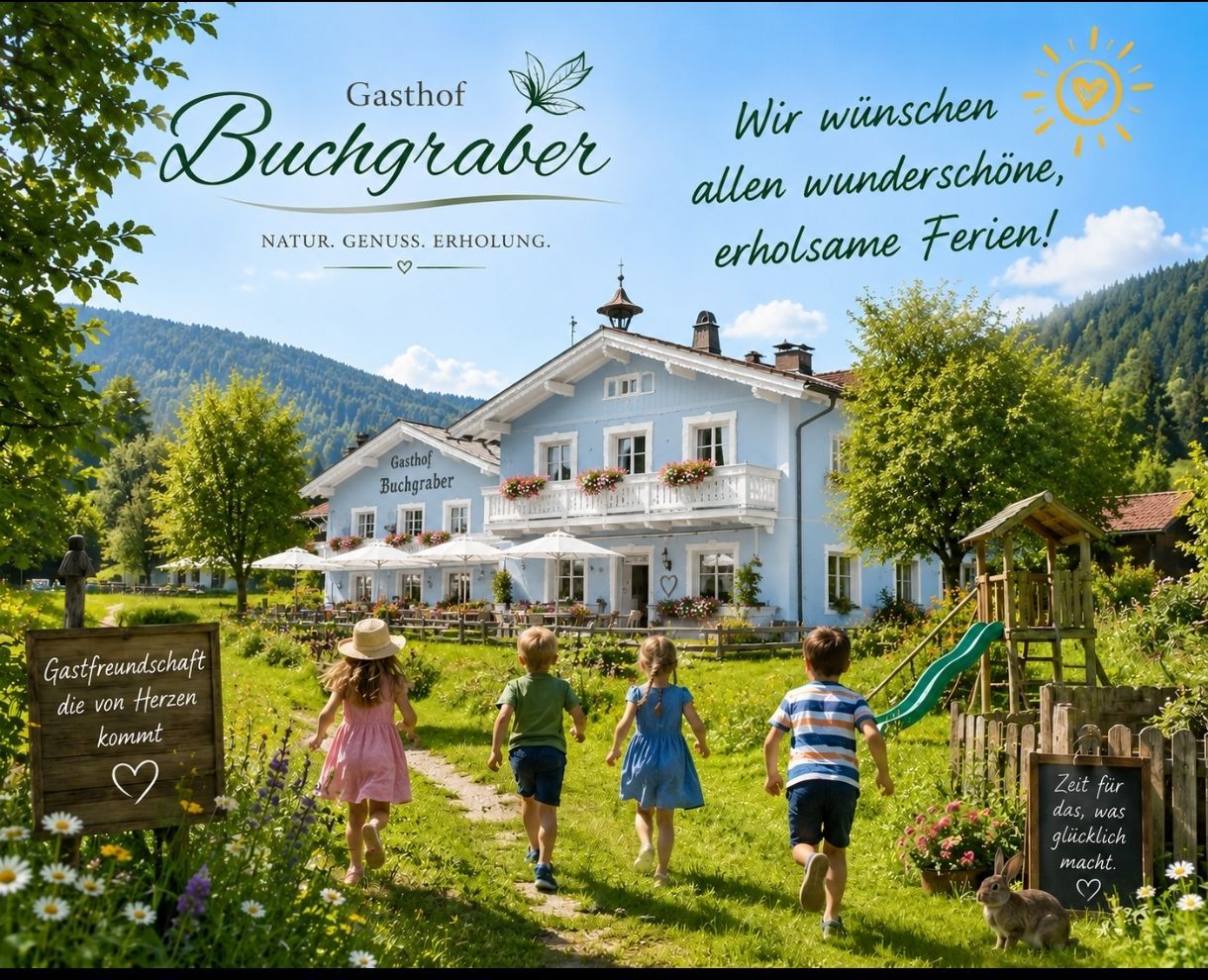 Four children run through a garden towards a blue house with a balcony and a sign that says Gasthof Buchgraber. The house is surrounded by flowers and trees.