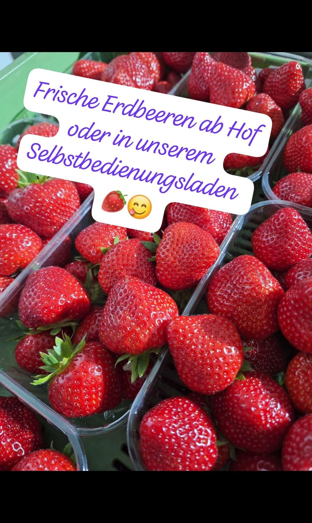 Containers filled with strawberries, a text overlay says 'Harvest or in our self-service warehouse'. A smiley face emoji is present.